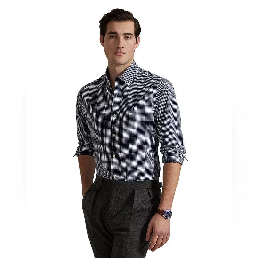 Polo Ralph Lauren Men's Cotton Poplin Navy Gingham Check Button Down Size Large